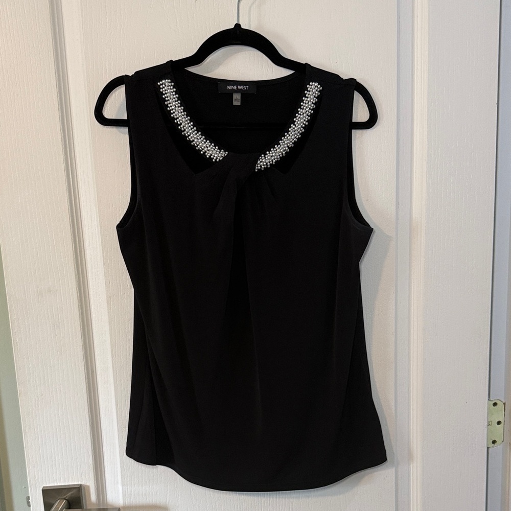 Nine West Black Sleeveless Blouse with Beaded Neckline